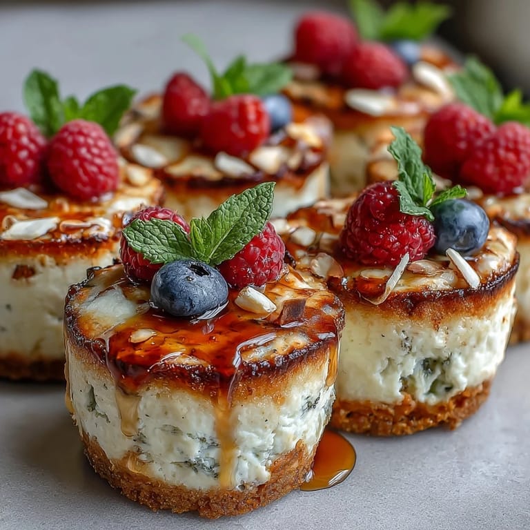 Silky cottage cheese cheesecake filling baked over a nutty almond base, garnished with vibrant berries for a protein-rich treat.