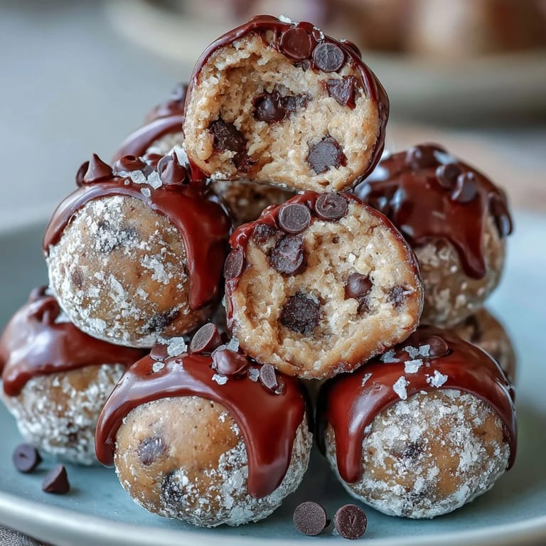 Easy high-protein cookie dough bites rolled with mini chocolate chips for a satisfying treat.
