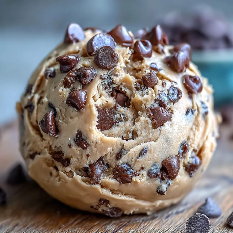 High-protein edible cookie dough with mini chocolate chips, perfect for post-workout snacking or a quick dessert fix.