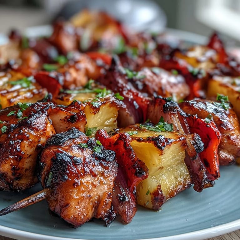 Colorful skewers of marinated chicken, sweet pineapple, and crisp bell peppers, grilled to juicy perfection for a healthy meal.