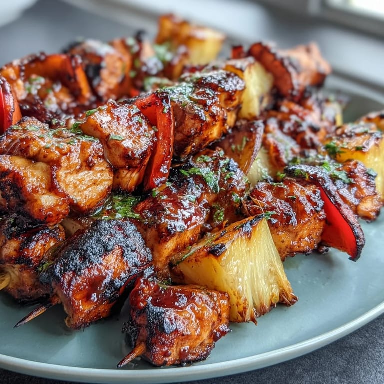 Sweet and savory grilled chicken skewers loaded with pineapple and vibrant bell peppers, bursting with smoky, tangy flavors.