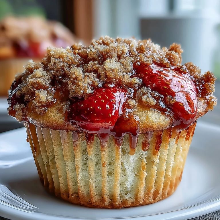 Moist strawberry muffins topped with buttery crumble, featuring vibrant red berries and a crunchy golden finish.