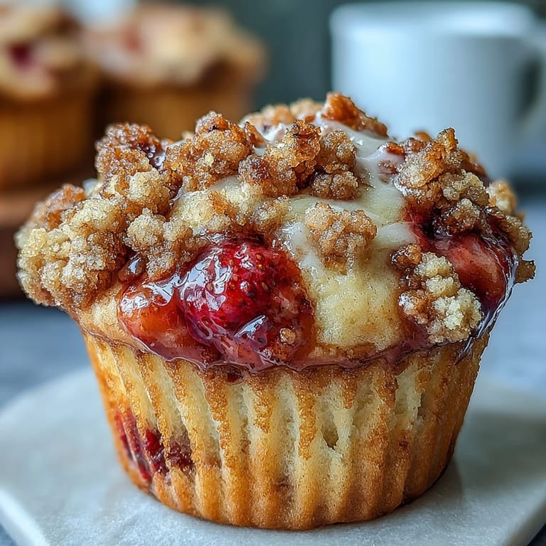 Golden crumble-topped strawberry muffins with juicy fruit pieces, baked to perfection and ready for a sweet morning treat.