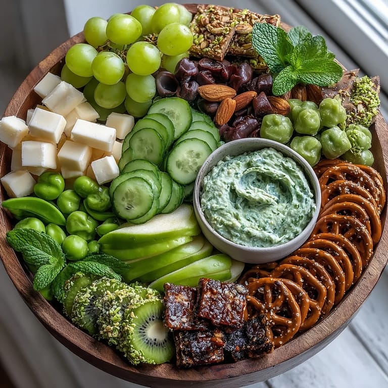 Colorful St. Patrick's Day snack platter showcasing green apple slices, edamame, and chocolate-dipped pretzels with festive mint garnish.