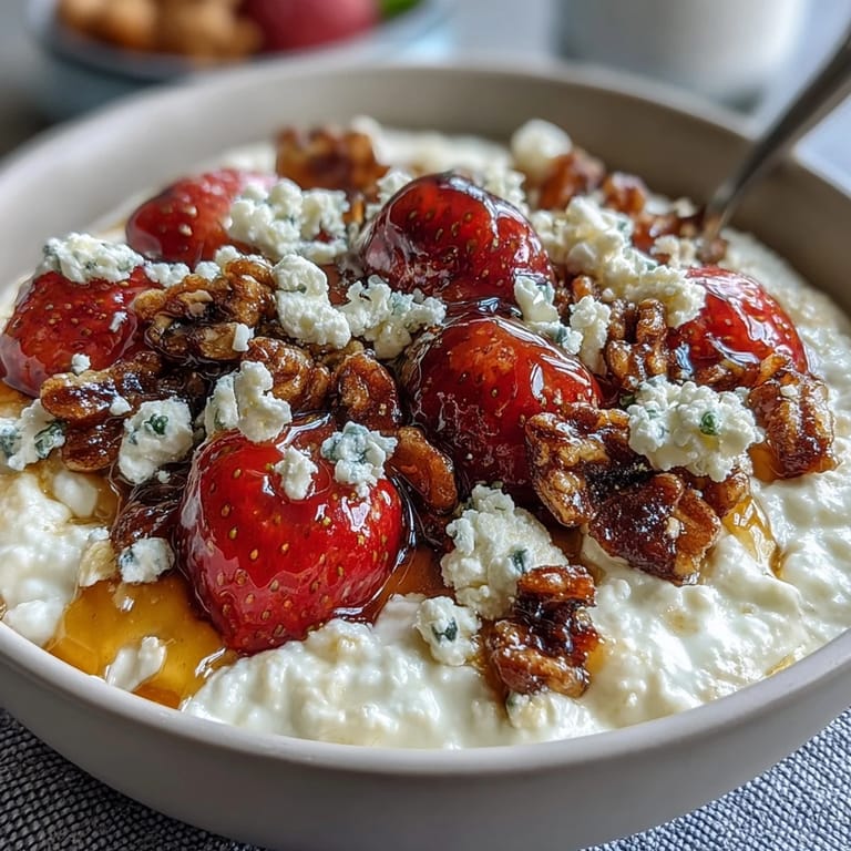 Wholesome cottage cheese bowl with juicy strawberries and nutty granola, drizzled with honey for a satisfying start.
