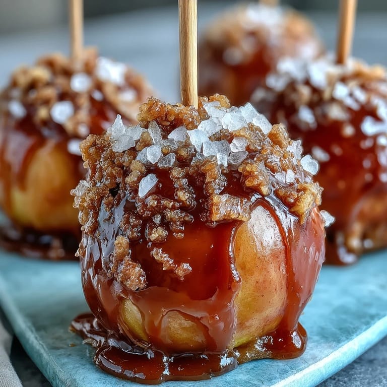 Gourmet caramel apples coated in buttery caramel and topped with sea salt flakes for a fall dessert classic.