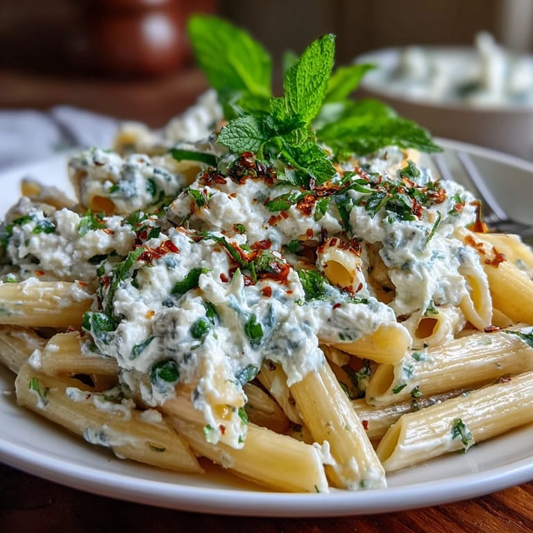Pea and Ricotta Pasta with Mint, featuring tender pasta coated in a luscious ricotta sauce, topped with bright mint and zesty lemon.