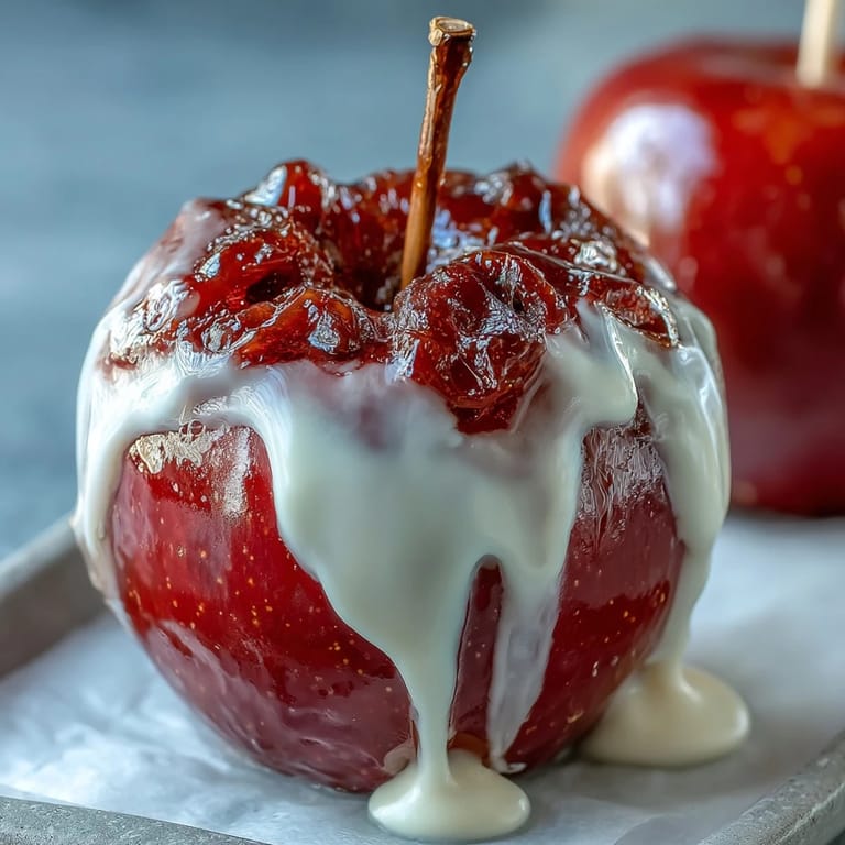 Tempting red candy apples with white chocolate drizzle, crisp green apples beneath a shiny candy shell.