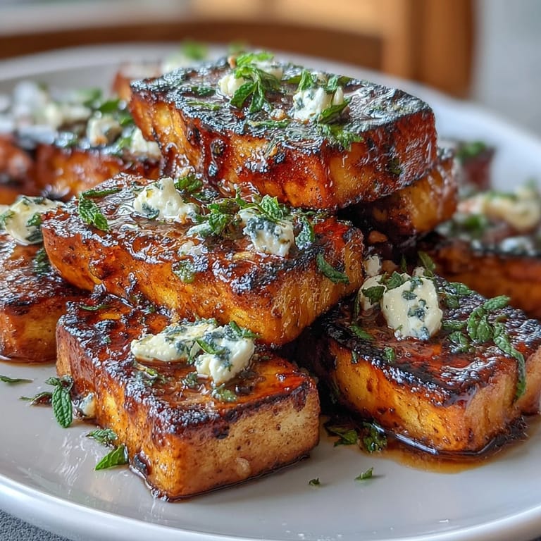 Sweet and smoky grilled watermelon cubes topped with tangy feta, mint leaves, and red onion for a refreshing summer salad.