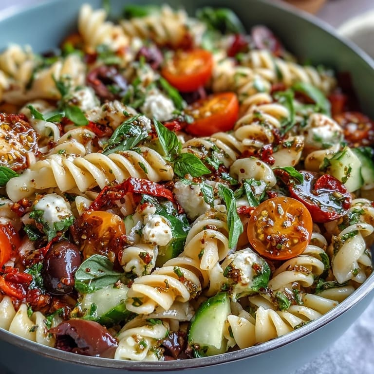 Zesty Italian pasta salad with cherry tomatoes, cucumbers, and bell peppers, perfect for summer gatherings.