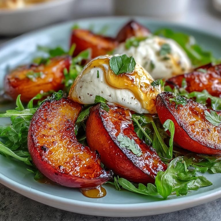 Sweet grilled peaches paired with luscious burrata, fresh greens, and honey for a delightful Mediterranean-inspired dish.