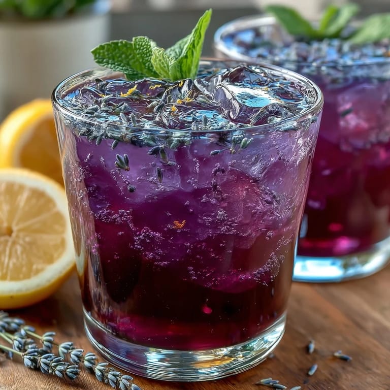 Elegant purple lemonade with butterfly pea flower tea and lavender syrup, garnished with mint and lemon, perfect for warm-weather sipping.