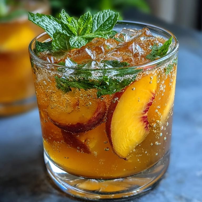 Vibrant mango peach sparkling tea served over ice with fresh mint and fruit garnish.