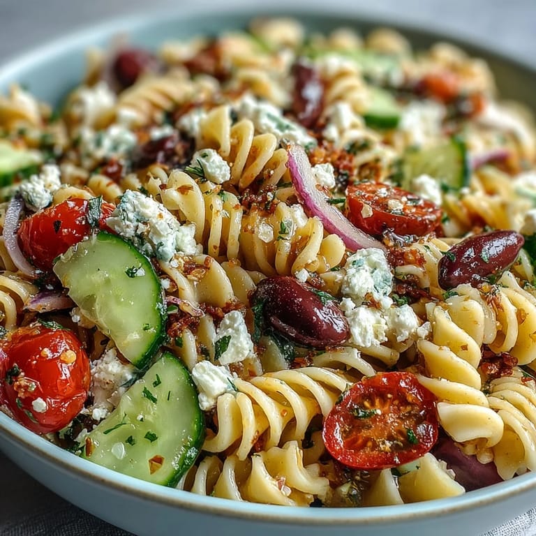 Colorful Mediterranean pasta salad with juicy tomatoes, crisp cucumbers, and tangy feta, ideal for warm-weather meals.  