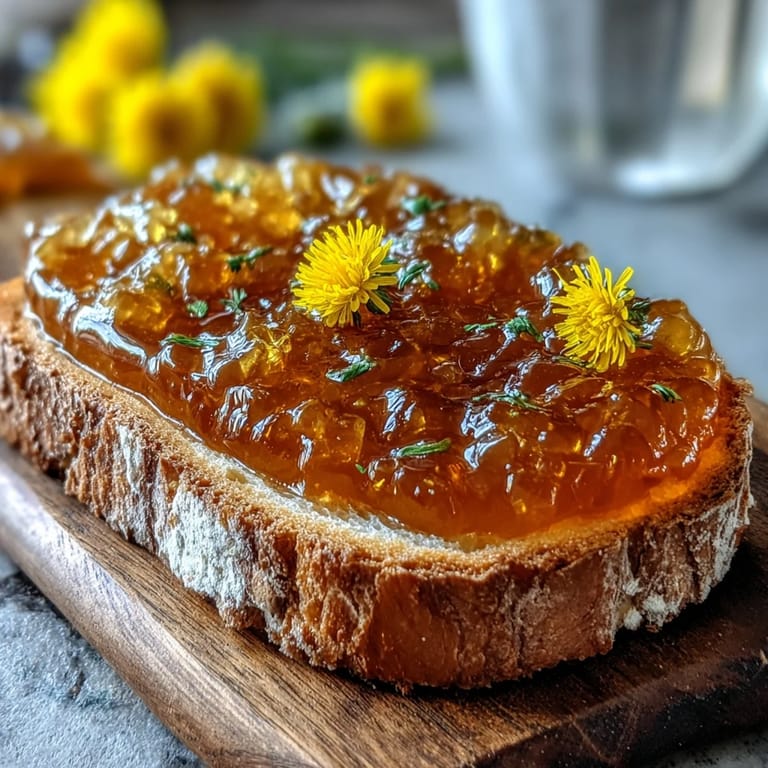 Delicate dandelion jelly with a bright yellow hue, showcasing its floral sweetness in a rustic kitchen setting.