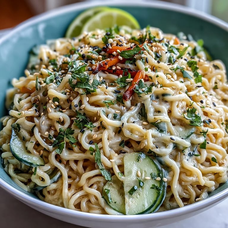 Refreshing cold sesame noodle bowl with vibrant cucumber, carrots, and herbs, drizzled with a rich, nutty sesame dressing.