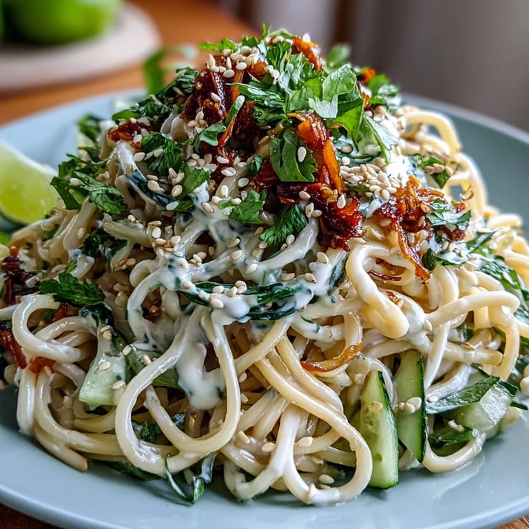 Creamy sesame sauce coats cold noodles, garnished with julienned cucumber, carrots, and spring onions for a refreshing summer dish.  