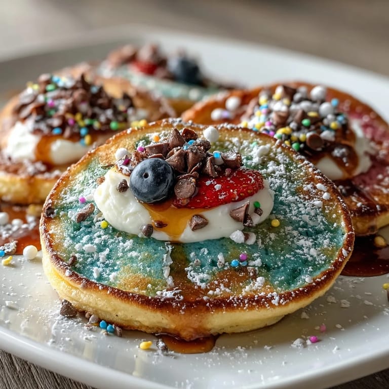 Creative Easter egg pancakes in bright colors, topped with fresh fruit and mini chocolate chips.  