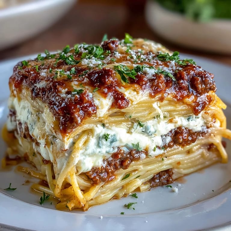 Decadent baked spaghetti casserole with savory beef, Italian sausage, creamy cheese mixture, and bubbling mozzarella topping.  