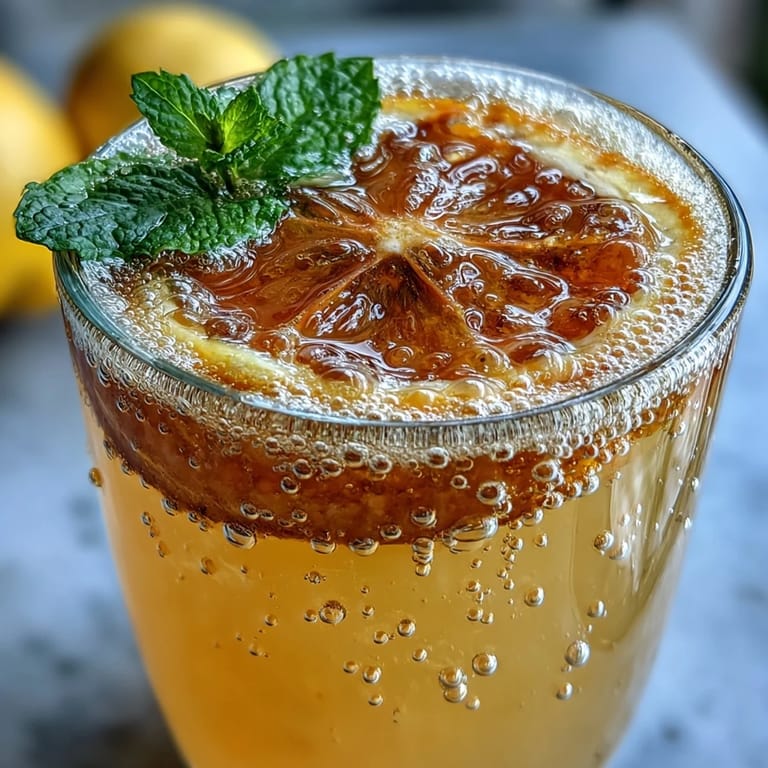 A close-up view of homemade Sparkling Fermented Lemonade with visible effervescence and a slice of lemon on the rim.  
