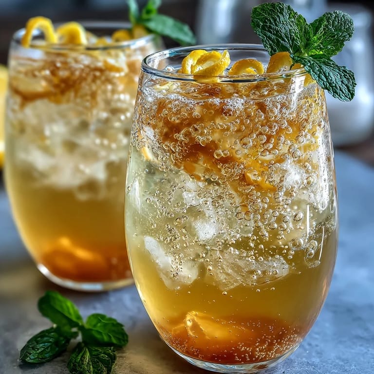 Refreshing Sparkling Fermented Lemonade served over ice in a tall glass, with a hint of ginger and a sprig of mint.
