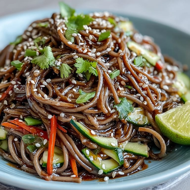 Refreshing cold soba noodle salad tossed with crisp veggies and drizzled with creamy sesame ginger dressing for a light meal.