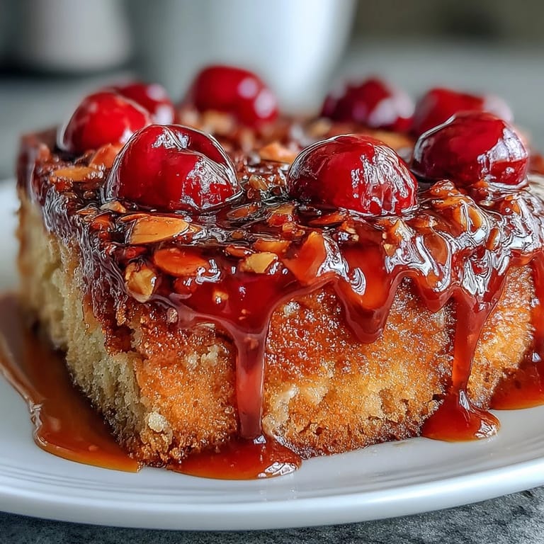 Sliced Cherry Almond Upside-Down Cake reveals a soft, almond-scented interior beneath a layer of vibrant, juicy cherries and golden caramel glaze.