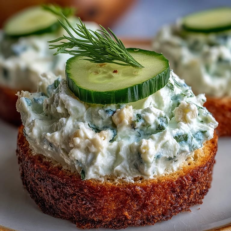 Elegant Benedictine spread-topped canapés with cucumber slices and dill