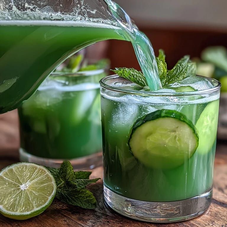 Refreshing cucumber mint agua fresca with lime, served over ice in a clear pitcher, perfect for hydration and detox.