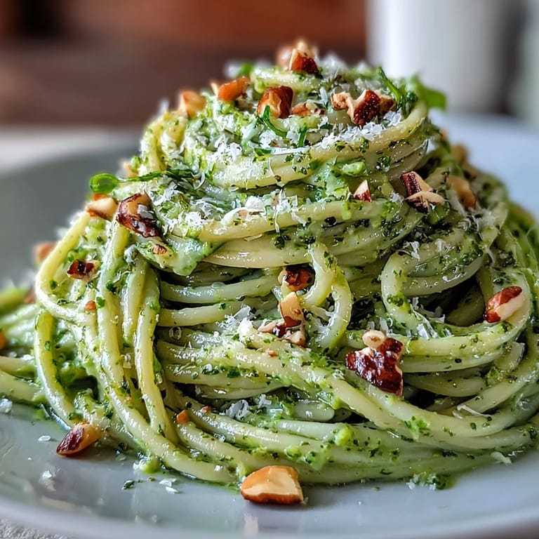 Rich and creamy avocado-basil pesto pasta, no cooking required for the sauce, perfect for busy weeknight dinners.