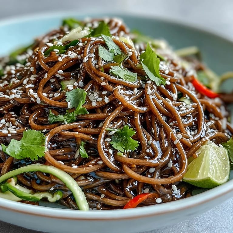 Chilled soba noodles and crunchy vegetables coated in zesty sesame ginger dressing, garnished with cilantro and sesame seeds.