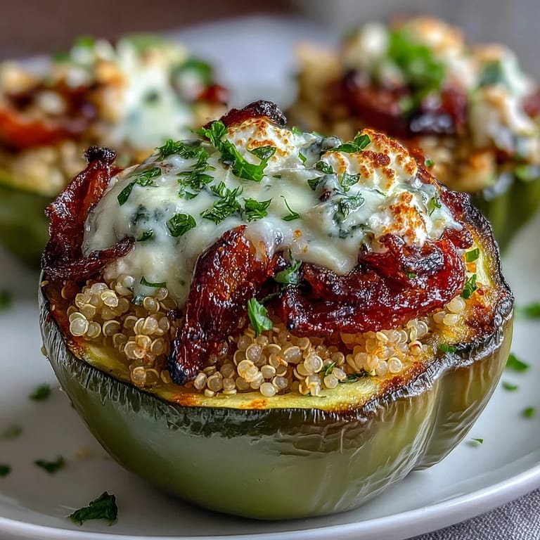 3. Oven-baked bell peppers stuffed with fluffy quinoa, smoky roasted veggies, and tangy goat cheese, garnished with fresh parsley.