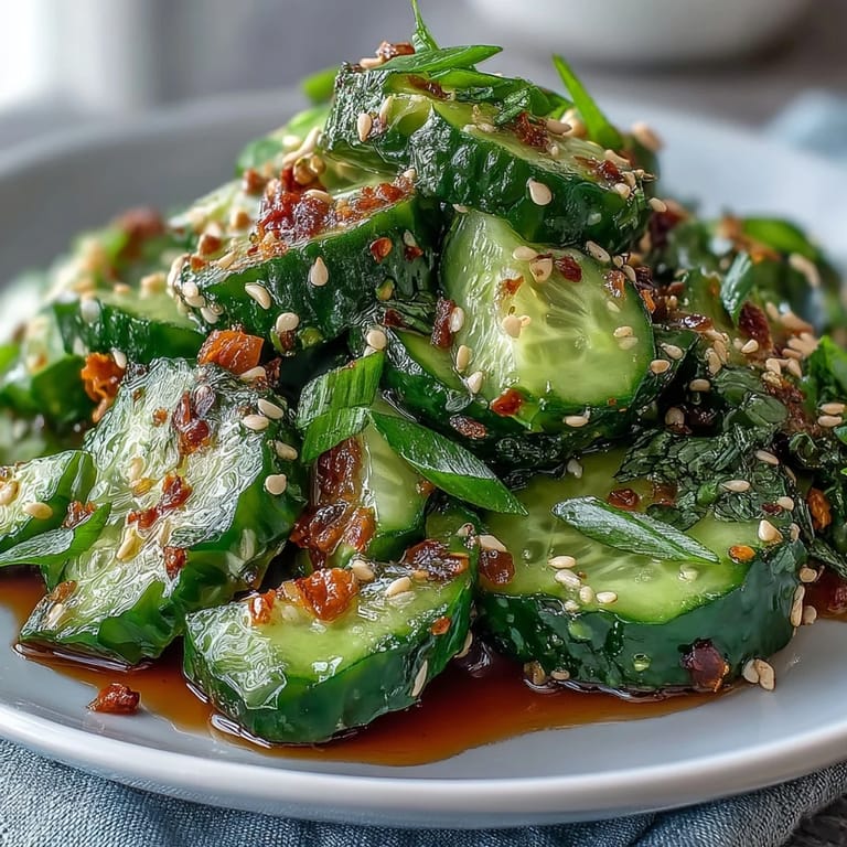 Asian-inspired smashed cucumber salad with a zesty garlic dressing, served chilled and topped with fresh cilantro and toasted sesame seeds.