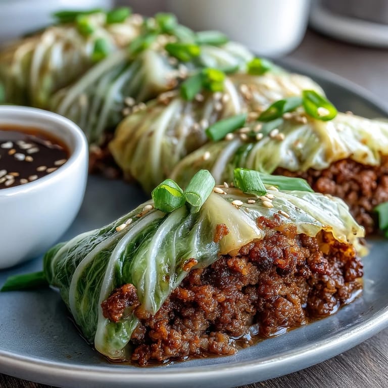 Spicy Korean beef-stuffed cabbage rolls served with a savory sesame dipping sauce.