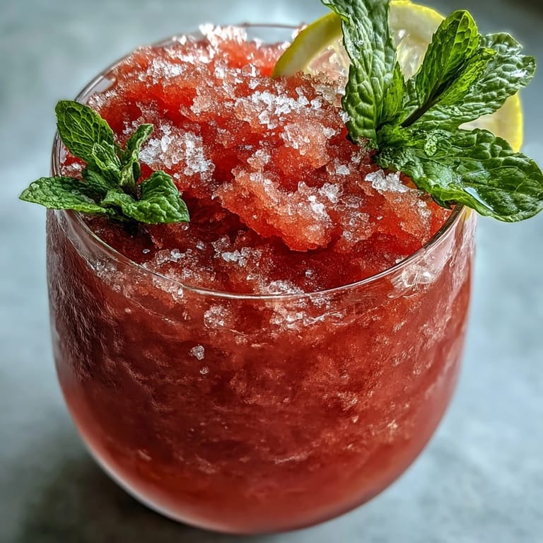 Picture a glass of Frozen Watermelon Lemonade Slushie, garnished with mint.
