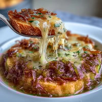 A steaming bowl of caramelized French onion soup topped with golden sourdough Gruyere crostini.  