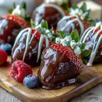 Galentines Brunch Berry Charcuterie Board with Chocolate-Dipped Strawberries and creamy cheeses on a rustic wooden platter.