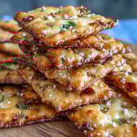 Homemade sourdough cheez-its crackers with everything seasoning, crispy golden squares baked to perfection.  