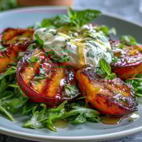 A colorful summer salad with grilled peaches, creamy burrata, and honey drizzle, perfect for warm-weather dining.