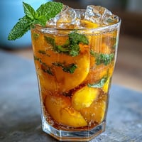 Sparkling mango peach tea with ripe fruit slices and mint, perfect for a refreshing summer drink.