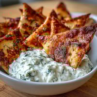 Homemade pita chips with tzatziki: golden, crispy triangles paired with cool, creamy cucumber-yogurt dip.