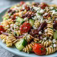 A vibrant Greek-style pasta salad with olives, feta, and fresh vegetables, perfect for summer gatherings.  