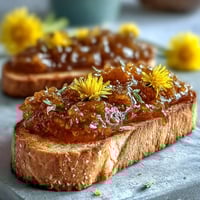 A jar of golden dandelion jelly, glistening under natural light, ready to spread on warm toast.