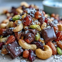 Homemade Trail Mix with Dark Chocolate featuring crunchy almonds, cashews, and sweet dried cranberries, perfect for on-the-go snacking.