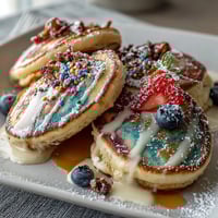 Fluffy, colorful Easter egg pancakes decorated with pastel glazes and sprinkles for a festive breakfast.  