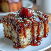 A golden, caramelized Cherry Almond Upside-Down Cake with glossy cherries glistening on top, perfect for a cozy dessert or afternoon tea.