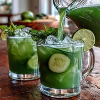 A vibrant glass of Green Detox Cucumber Mint Agua Fresca, garnished with fresh cucumber slices and mint sprigs.