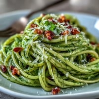 Creamy avocado pesto pasta with fresh basil and pine nuts, a no-cook sauce for quick, healthy meals.  