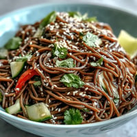 Cold soba noodle salad with sesame ginger dressing, featuring vibrant julienned vegetables and a tangy, aromatic sauce.