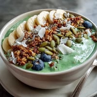 Creamy high fiber smoothie bowl with banana and psyllium, generously topped.